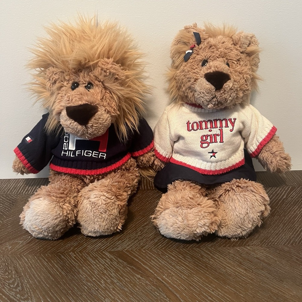 Vintage Tommy Hilfiger Girl & Boy LION, Plush Stuffed Sweaters 2000 Red Blue